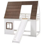 Lit superposé Whisen Twin House avec toit, fenêtre, barrières de sécurité et échelle intégrée (version améliorée) - Blanc et marron