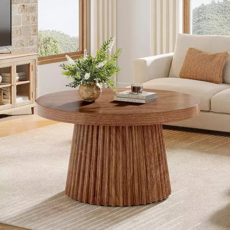 Lantine 31,5 – Petites tables basses rondes avec base en tambour cannelé, table d'appoint de style ferme pour salon, appartement, petits espaces