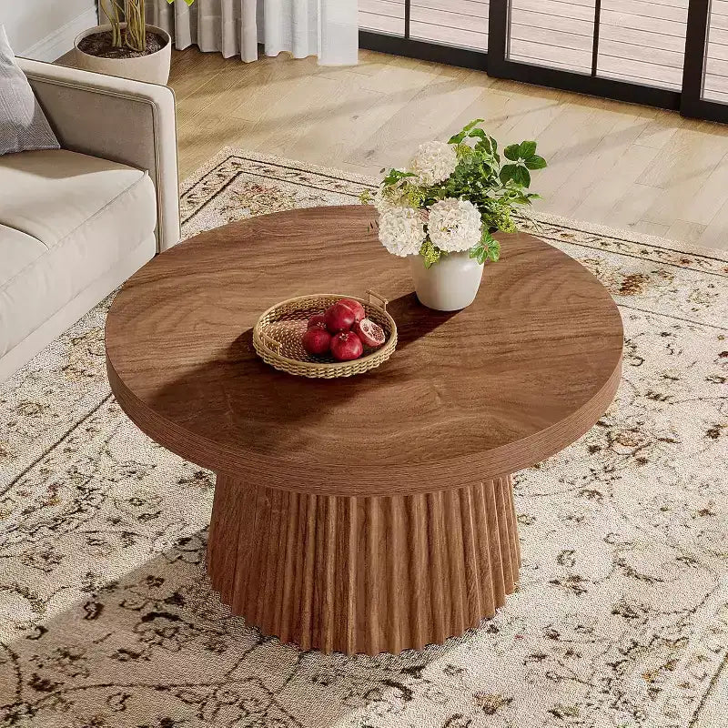 Lantine 31,5 – Petites tables basses rondes avec base en tambour cannelé, table d'appoint de style ferme pour salon, appartement, petits espaces