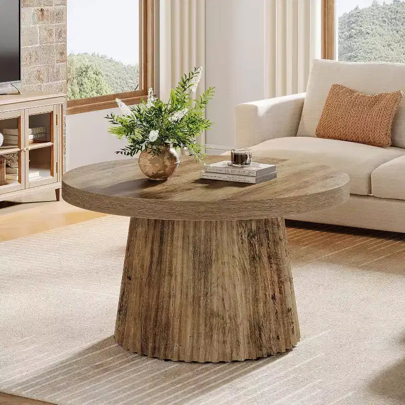 Lantine 31,5 – Petites tables basses rondes avec base en tambour cannelé, table d'appoint de style ferme pour salon, appartement, petits espaces