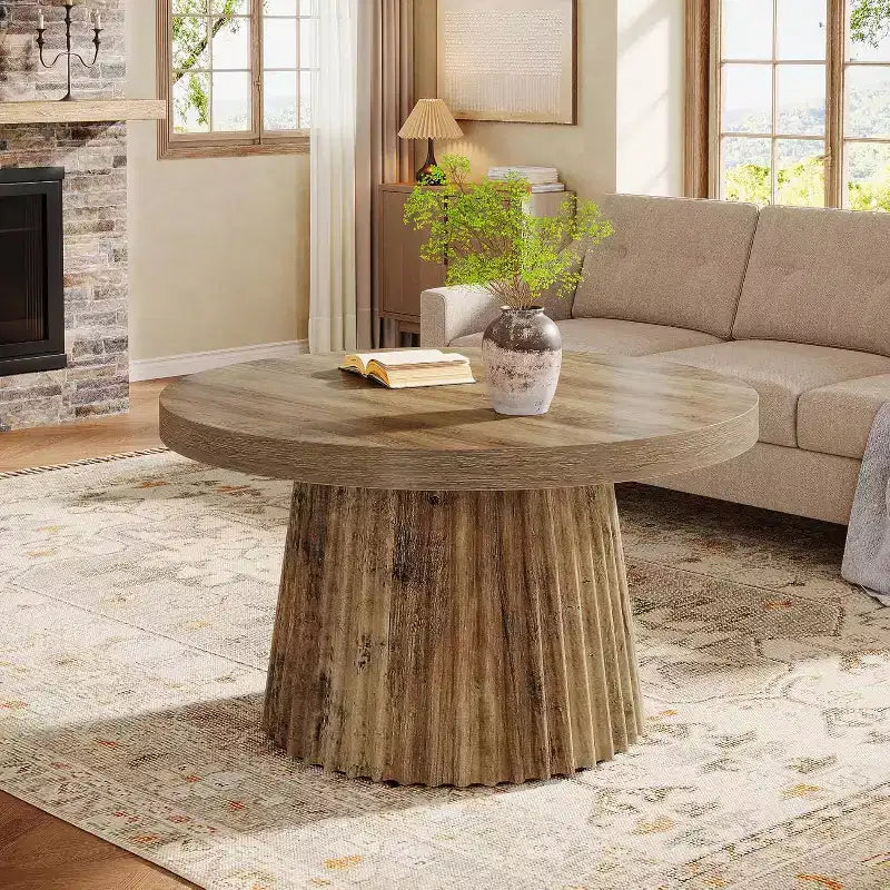 Lantine 31,5 – Petites tables basses rondes avec base en tambour cannelé, table d'appoint de style ferme pour salon, appartement, petits espaces