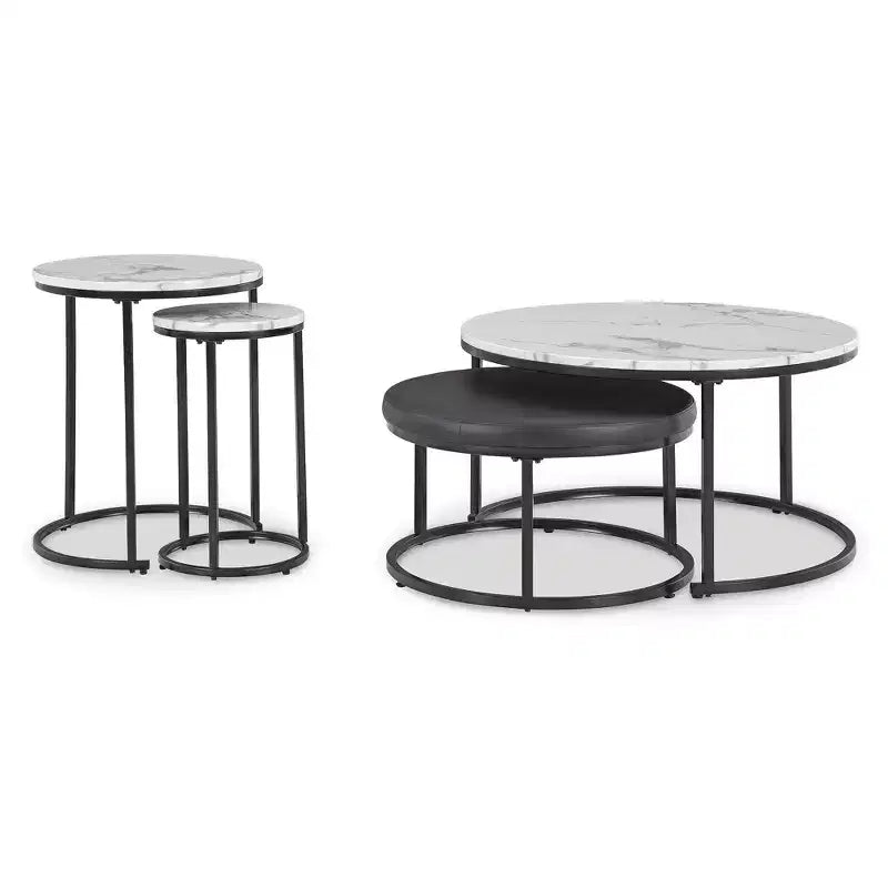 Signature Design by Ashley Ensemble table gigogne et pouf Jusmour, plateau imitation marbre avec cadre noir