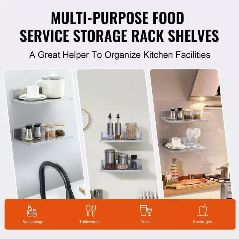 VIYET 16 Étagère murale flottante en acier inoxydable, crédence, 20 kg ultra résistante pour cuisine, restaurant, bar, maison, hôtel