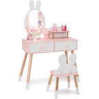 BALHAM TRADE-Rabbit Themed Kids Vanity Set White Wooden Makeup Table Chair w 2 Large Drawers