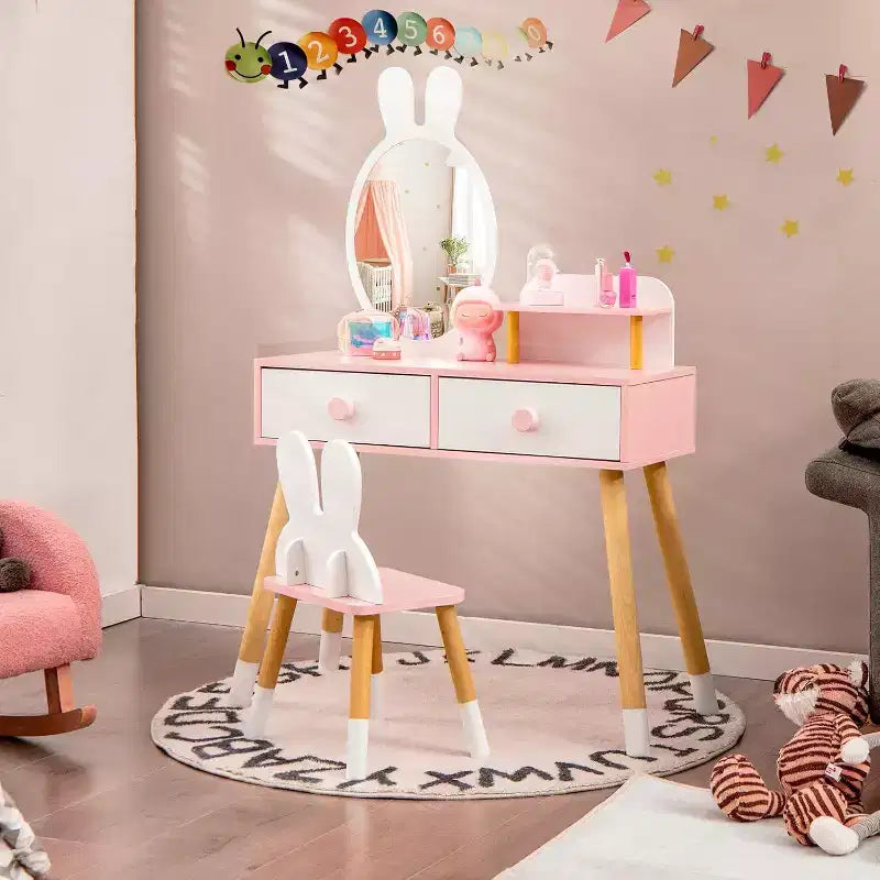 BALHAM TRADE-Coiffeuse enfant thème Lapin Table de maquillage en bois blanc avec 2 grands tiroirs