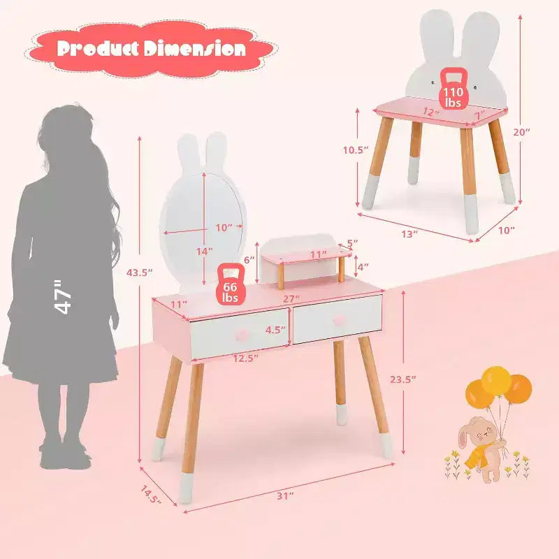 BALHAM TRADE-Coiffeuse enfant thème Lapin Table de maquillage en bois blanc avec 2 grands tiroirs
