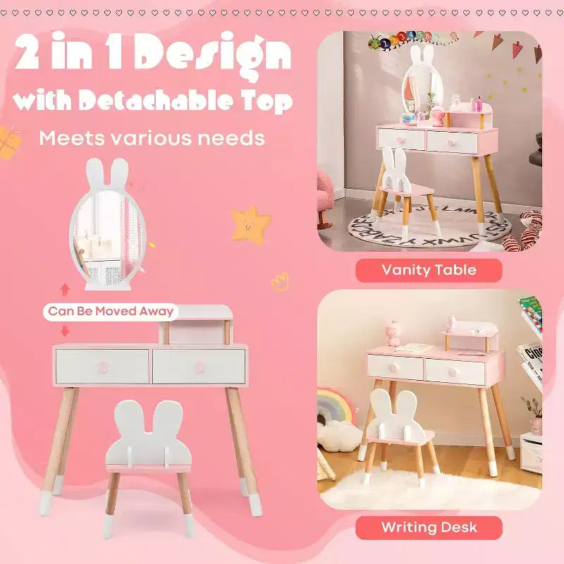 BALHAM TRADE-Coiffeuse enfant thème Lapin Table de maquillage en bois blanc avec 2 grands tiroirs