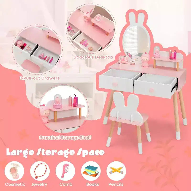 BALHAM TRADE-Coiffeuse enfant thème Lapin Table de maquillage en bois blanc avec 2 grands tiroirs