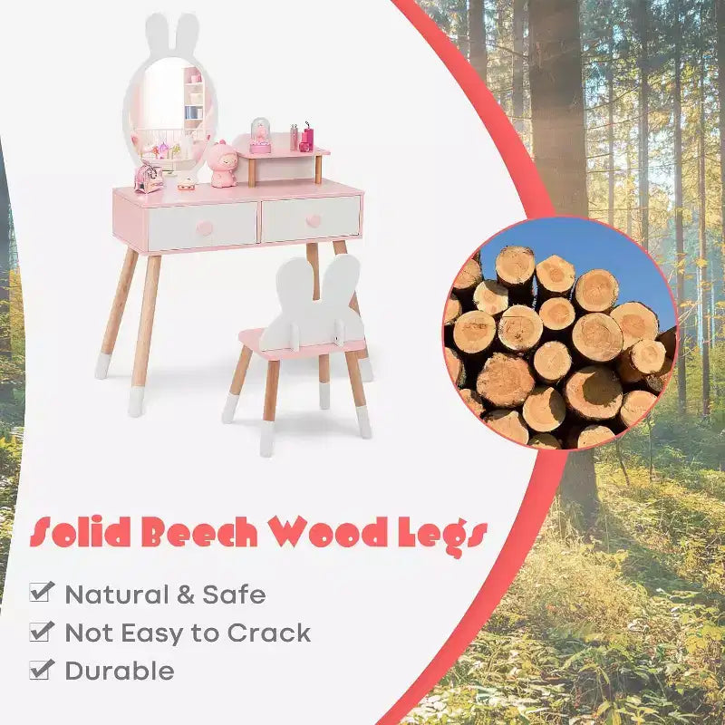 BALHAM TRADE-Coiffeuse enfant thème Lapin Table de maquillage en bois blanc avec 2 grands tiroirs