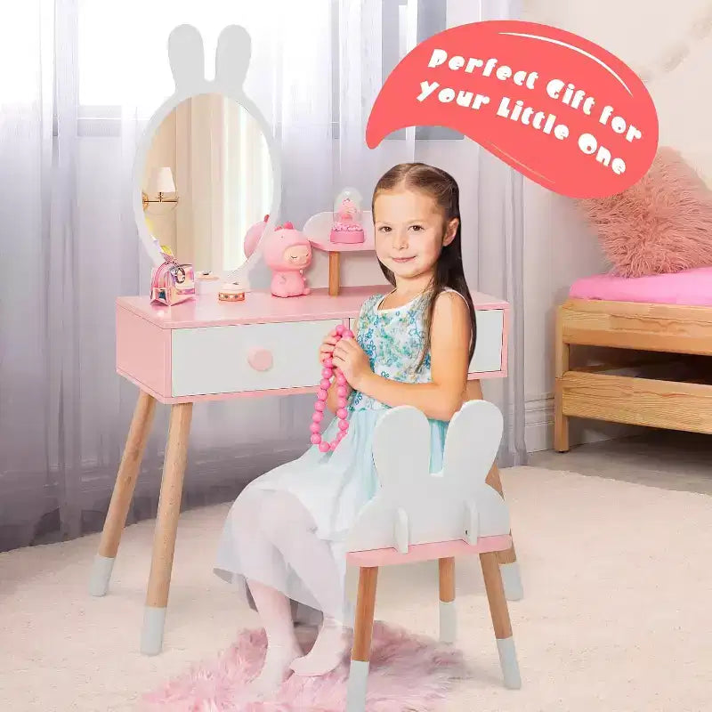 BALHAM TRADE-Coiffeuse enfant thème Lapin Table de maquillage en bois blanc avec 2 grands tiroirs