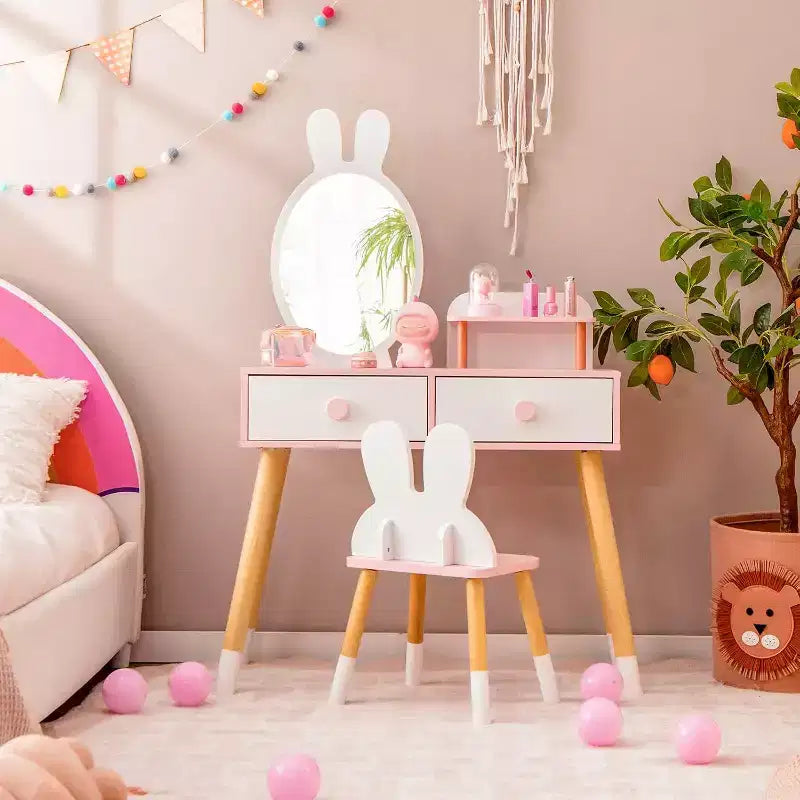 BALHAM TRADE-Coiffeuse enfant thème Lapin Table de maquillage en bois blanc avec 2 grands tiroirs