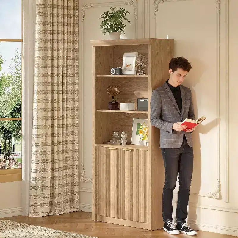 Lot de 2 bibliothèques hautes, bibliothèque en bois avec portes, bibliothèques à 5 étagères avec étagère supérieure réglable pour bureau à domicile, salon