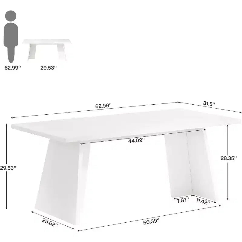 Table à manger Lantine blanche de 160 cm, table de cuisine moderne avec plateau brillant et double pied robuste pour 4 à 6 personnes, salle à manger