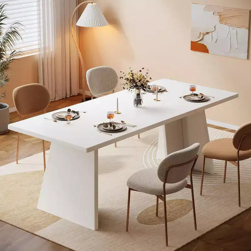 Table à manger Lantine blanche de 160 cm, table de cuisine moderne avec plateau brillant et double pied robuste pour 4 à 6 personnes, salle à manger