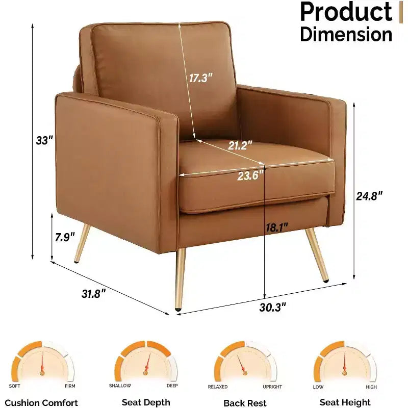 VINGLI Fauteuil d'appoint moderne en similicuir PU, Fauteuil confortable avec pieds en métal et assise profonde pour Bureau, Appartement, Petit espace, Cognac