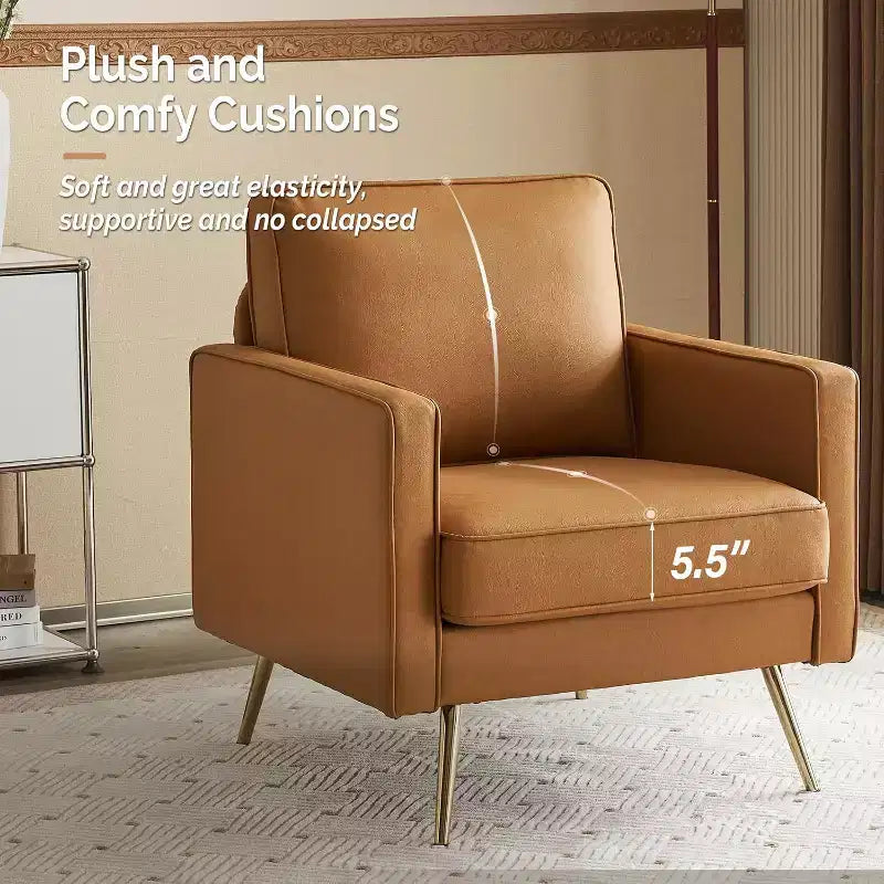 VINGLI Fauteuil d'appoint moderne en similicuir PU, Fauteuil confortable avec pieds en métal et assise profonde pour Bureau, Appartement, Petit espace, Cognac