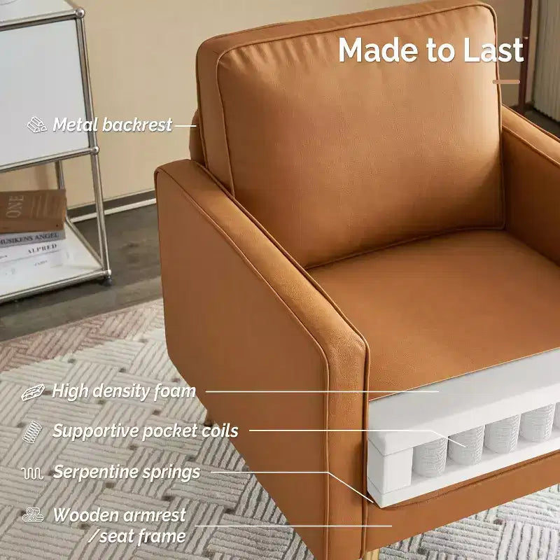 VINGLI Fauteuil d'appoint moderne en similicuir PU, Fauteuil confortable avec pieds en métal et assise profonde pour Bureau, Appartement, Petit espace, Cognac
