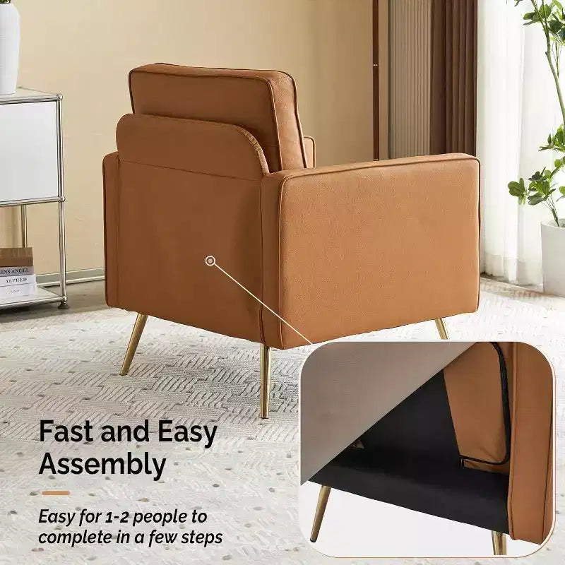 VINGLI Fauteuil d'appoint moderne en similicuir PU, Fauteuil confortable avec pieds en métal et assise profonde pour Bureau, Appartement, Petit espace, Cognac