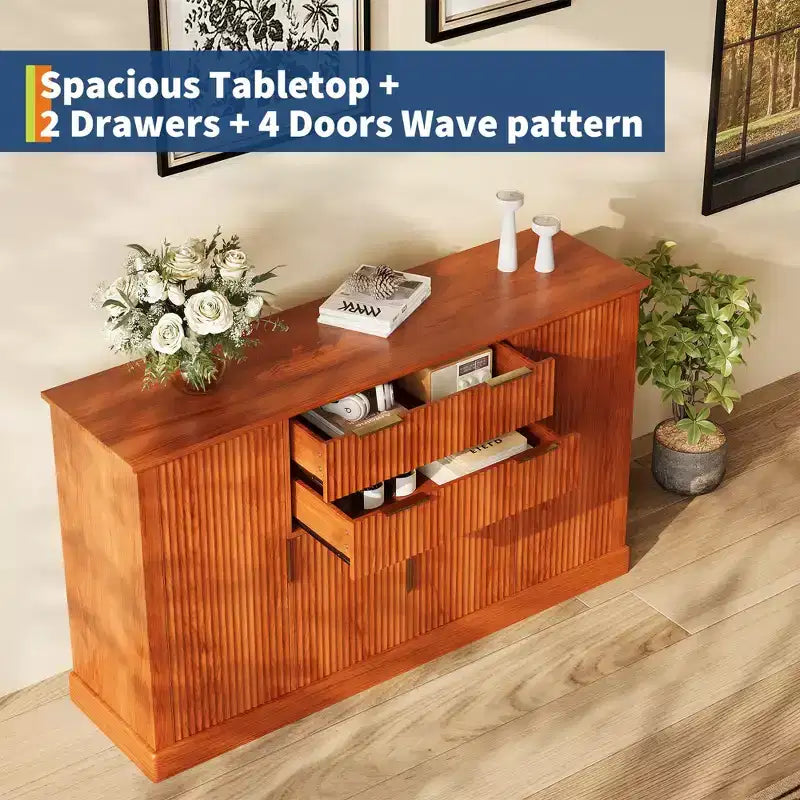 58'' Buffet de ferme avec poignées dorées | Bar à café design cannelé, 4 portes, 2 tiroirs et étagère réglable pour salle à manger et salon