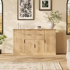 58'' Buffet de ferme avec poignées dorées | Bar à café design cannelé, 4 portes, 2 tiroirs et étagère réglable pour salle à manger et salon