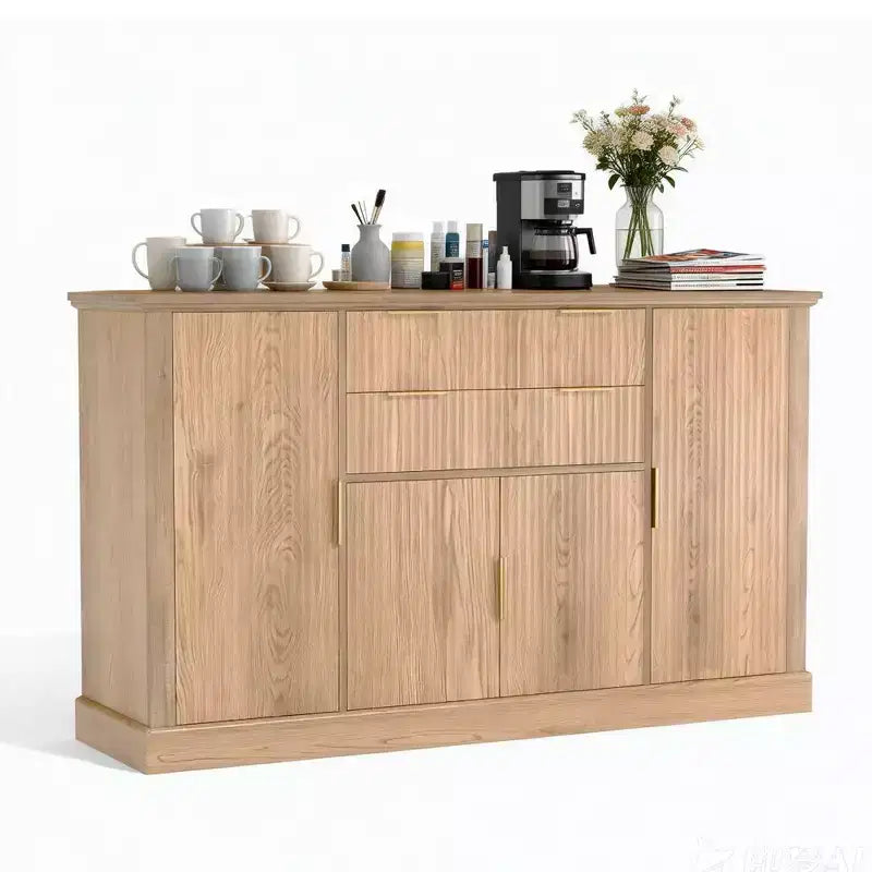 58'' Buffet de ferme avec poignées dorées | Bar à café design cannelé, 4 portes, 2 tiroirs et étagère réglable pour salle à manger et salon