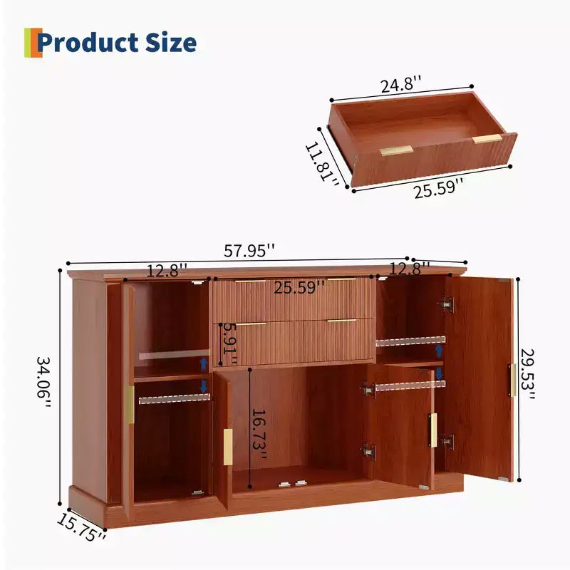 58'' Buffet de ferme avec poignées dorées | Bar à café design cannelé, 4 portes, 2 tiroirs et étagère réglable pour salle à manger et salon