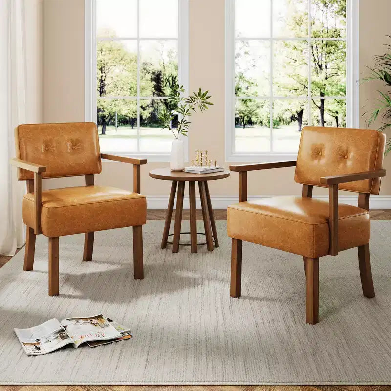 Fauteuil de salle à manger moderne du milieu du siècle - Cadre en bois de couleur crème, revêtement en lin beige ou en cuir PU - Rayures verticales classiques ou capitonnage à boutons