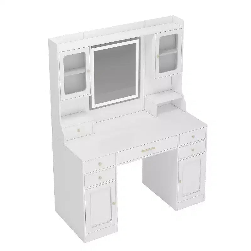 Grande coiffeuse avec miroir, 6 tiroirs et 4 casiers, bureau de rangement