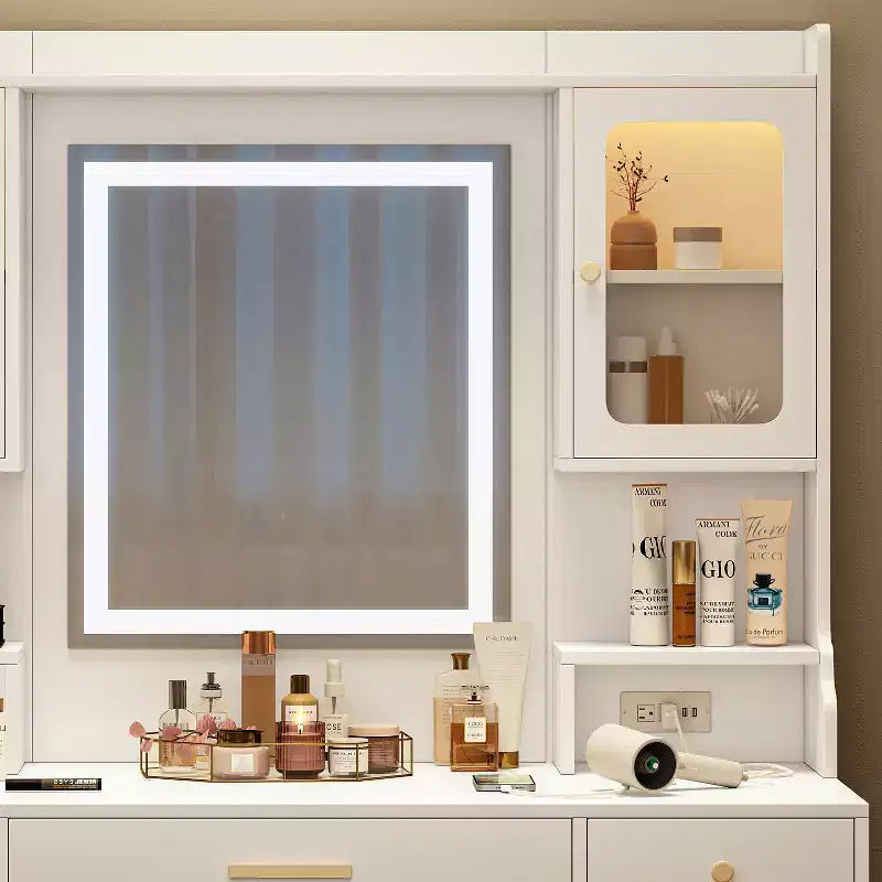 Grande coiffeuse avec miroir, 6 tiroirs et 4 casiers, bureau de rangement
