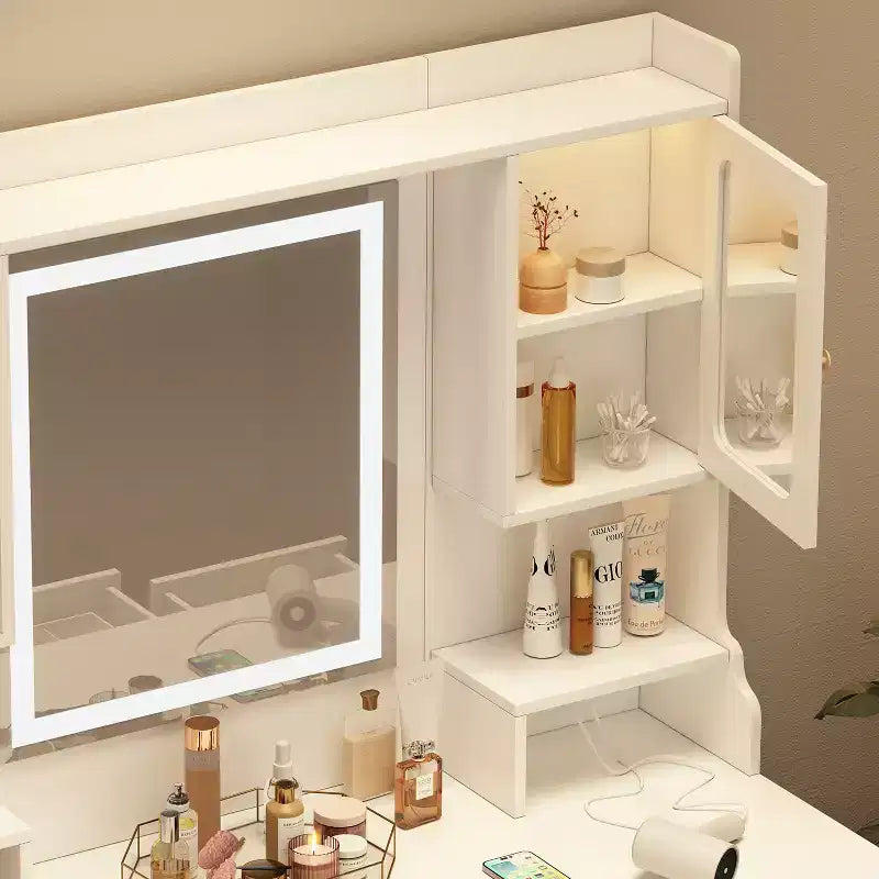 Grande coiffeuse avec miroir, 6 tiroirs et 4 casiers, bureau de rangement