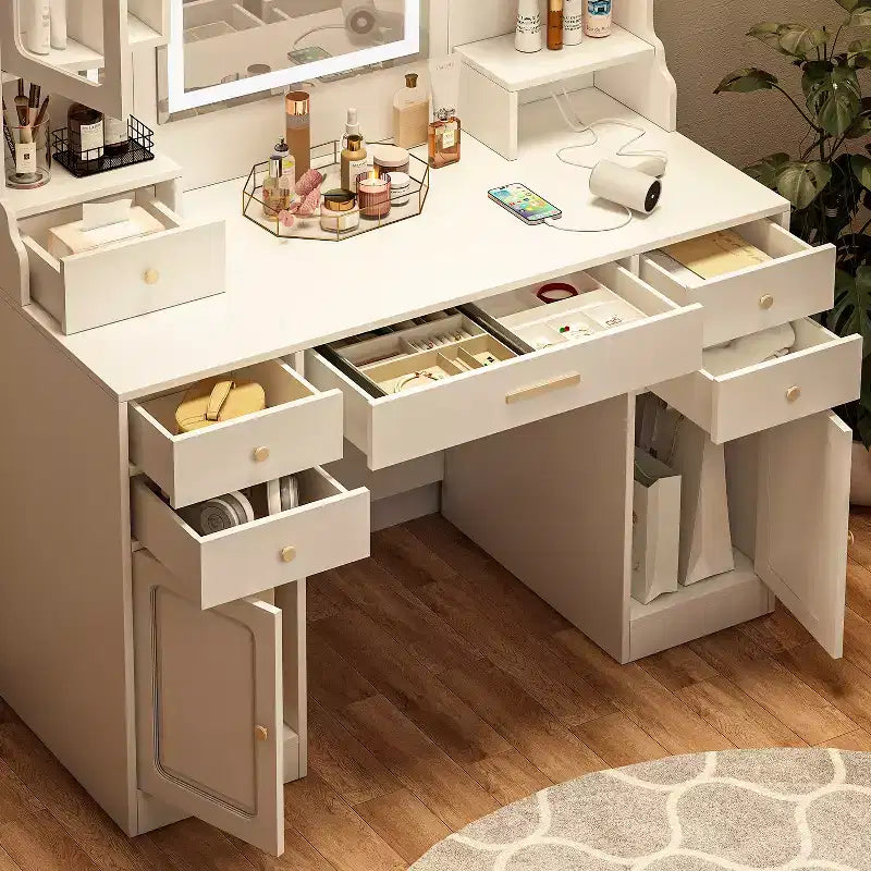 Grande coiffeuse avec miroir, 6 tiroirs et 4 casiers, bureau de rangement