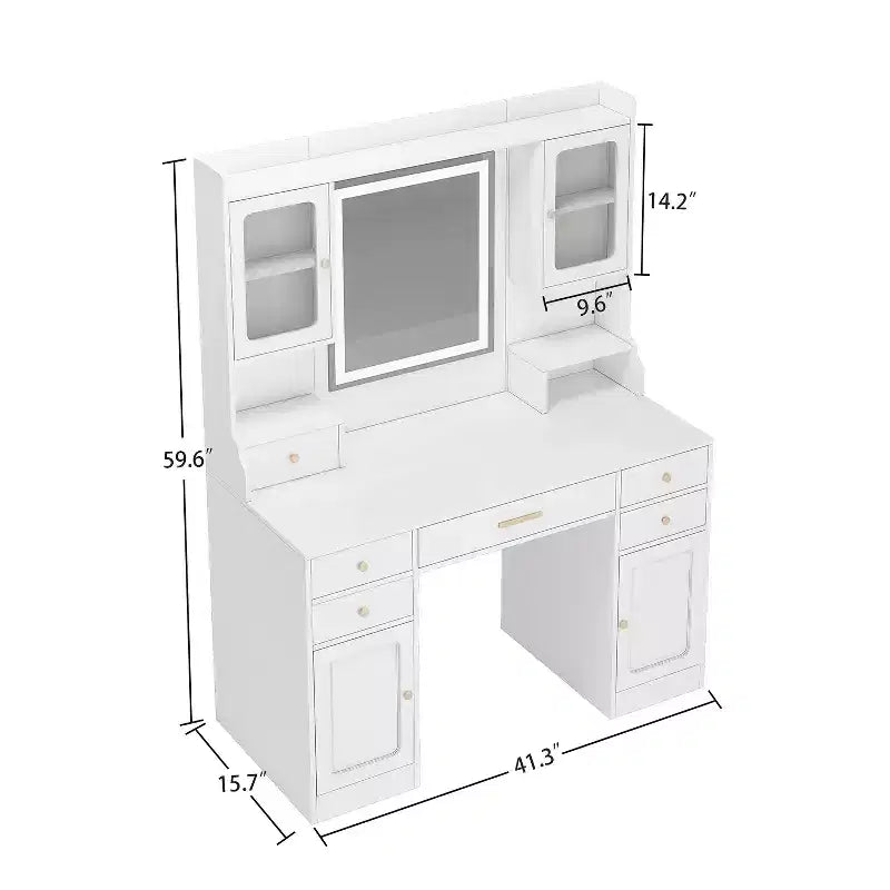 Grande coiffeuse avec miroir, 6 tiroirs et 4 casiers, bureau de rangement