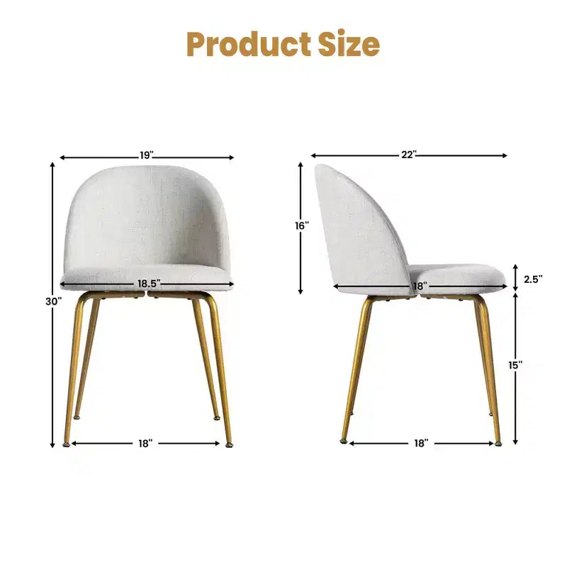 Lot de 2 chaises de salle à manger rembourrées, chaises d'appoint modernes sans accoudoirs en tissu de lin avec pieds en métal, chaises d'appoint à dossier ergonomique pour salle à manger et salon