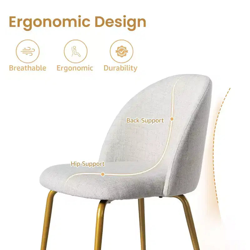 Lot de 2 chaises de salle à manger rembourrées, chaises d'appoint modernes sans accoudoirs en tissu de lin avec pieds en métal, chaises d'appoint à dossier ergonomique pour salle à manger et salon