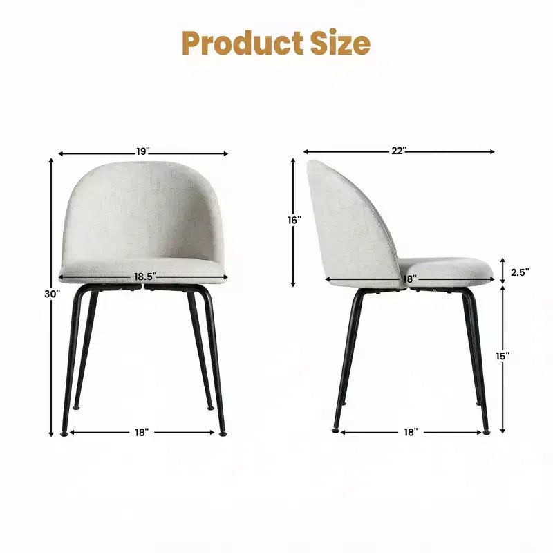 Lot de 2 chaises de salle à manger rembourrées, chaises d'appoint modernes sans accoudoirs en tissu de lin avec pieds en métal, chaises d'appoint à dossier ergonomique pour salle à manger et salon
