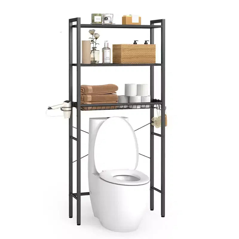 VASAGLE Over the Toilet Storage, Over Toilet Bathroom Organizer with Adjustable Shelves and Basket, Hair Dryer Holder, 3 Hooks