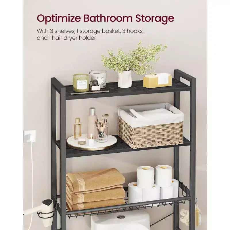 Étagère de rangement au-dessus des toilettes, Organisateur de salle de bain au-dessus des toilettes avec étagères et panier réglables, Support pour sèche-cheveux, 3 crochets