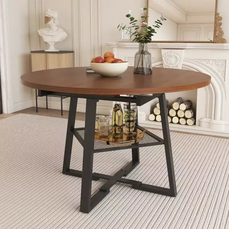 4759 Table à manger ronde extensible pour 4 à 6 personnes, table de cuisine circulaire avec étagère de rangement, plateau épaissi et cadre en métal pour salle à manger - Panipeachy