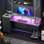 55 Inch Grey Computer Desk with Charging Station Reversible Gaming Desk LED Lights Fabric Drawers Home Office Writing Table Bedroom Study Storage