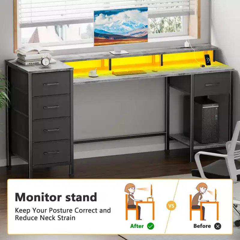 Bureau d'ordinateur gris de 55 pouces avec station de chargement, bureau de jeu réversible, lumières LED, tiroirs en tissu, table d'écriture pour bureau à domicile, chambre à coucher, rangement d'étude