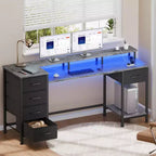 Bureau d'ordinateur gris de 55 pouces avec station de chargement, bureau de jeu réversible, lumières LED, tiroirs en tissu, table d'écriture pour bureau à domicile, chambre à coucher, rangement d'étude
