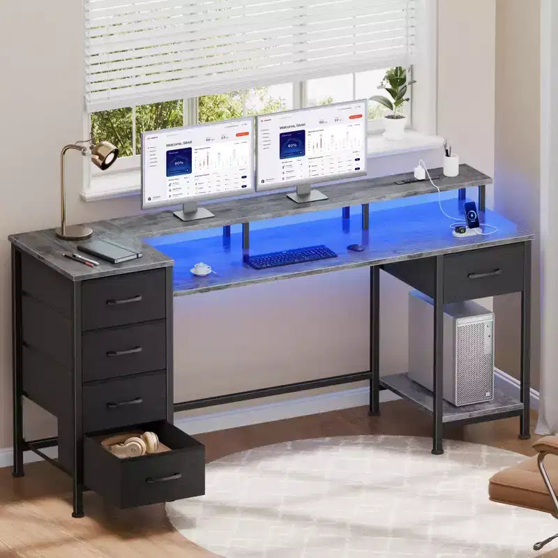 Bureau d'ordinateur gris de 55 pouces avec station de chargement, bureau de jeu réversible, lumières LED, tiroirs en tissu, table d'écriture pour bureau à domicile, chambre à coucher, rangement d'étude
