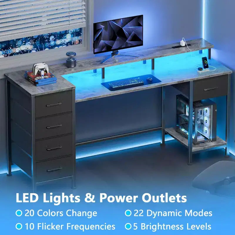 Bureau d'ordinateur gris de 55 pouces avec station de chargement, bureau de jeu réversible, lumières LED, tiroirs en tissu, table d'écriture pour bureau à domicile, chambre à coucher, rangement d'étude