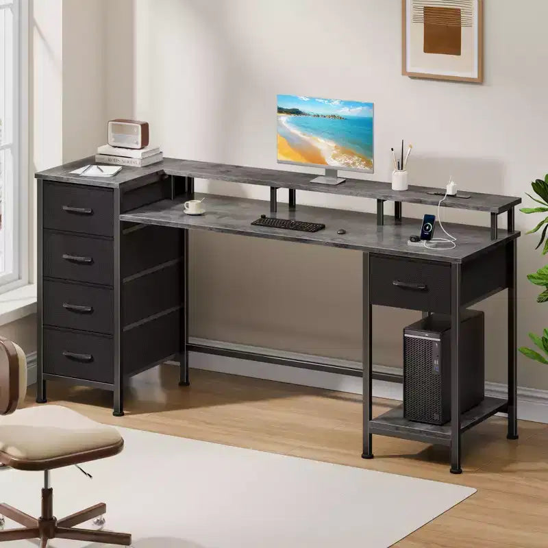 Bureau d'ordinateur gris de 55 pouces avec station de chargement, bureau de jeu réversible, lumières LED, tiroirs en tissu, table d'écriture pour bureau à domicile, chambre à coucher, rangement d'étude