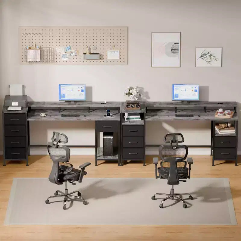 Bureau d'ordinateur gris de 55 pouces avec station de chargement, bureau de jeu réversible, lumières LED, tiroirs en tissu, table d'écriture pour bureau à domicile, chambre à coucher, rangement d'étude
