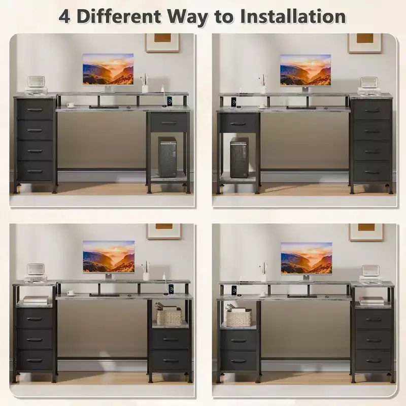 Bureau d'ordinateur gris de 55 pouces avec station de chargement, bureau de jeu réversible, lumières LED, tiroirs en tissu, table d'écriture pour bureau à domicile, chambre à coucher, rangement d'étude
