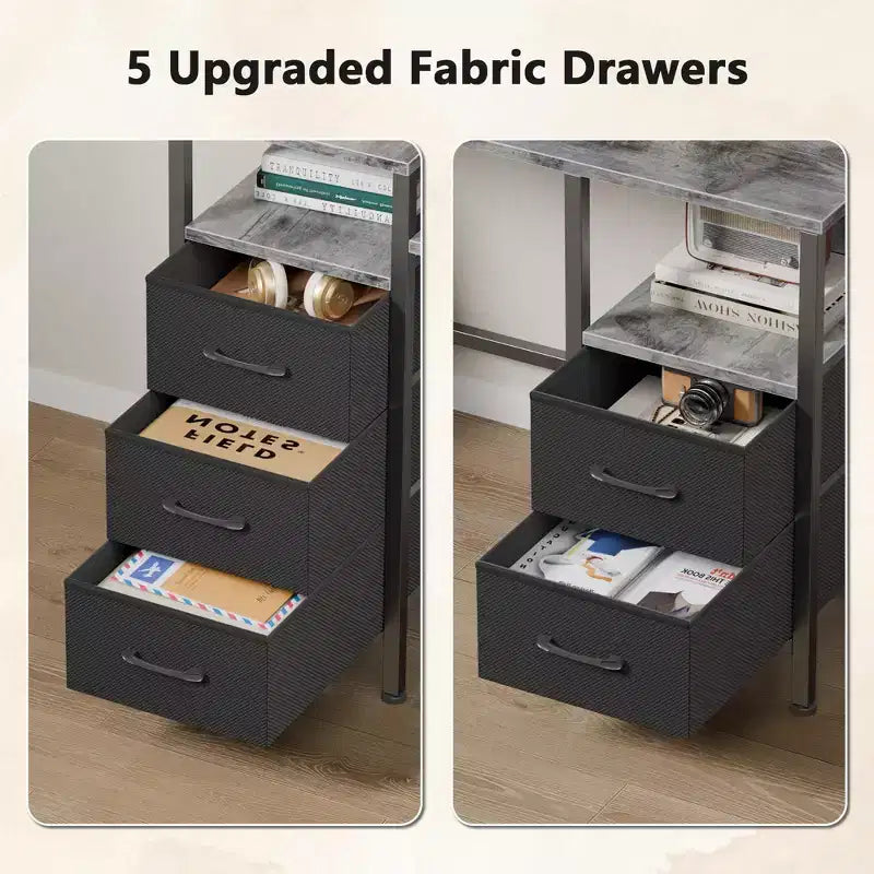 Bureau d'ordinateur gris de 55 pouces avec station de chargement, bureau de jeu réversible, lumières LED, tiroirs en tissu, table d'écriture pour bureau à domicile, chambre à coucher, rangement d'étude