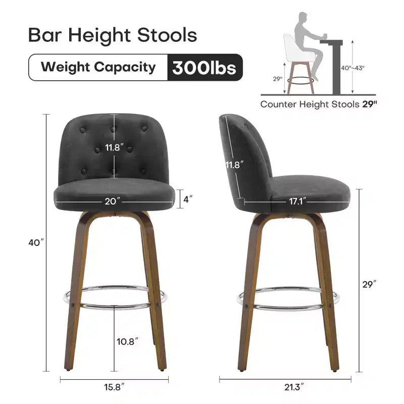 Tabourets de bar rembourrés pivotants Bekrvio 29, assise en cuir et dossier capitonné avec pieds en bois courbé, gris foncé