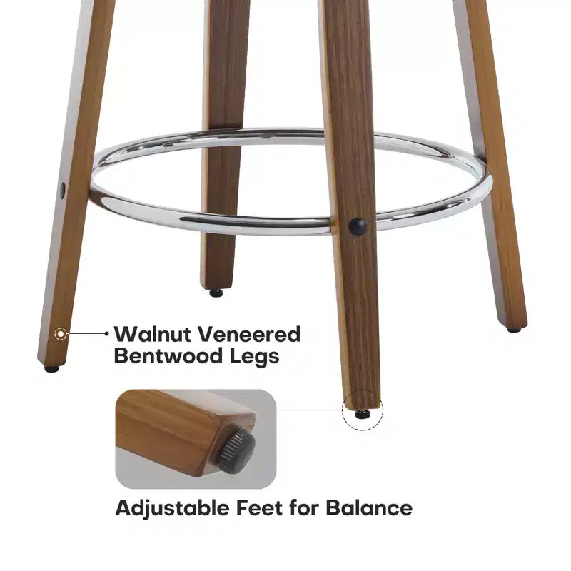 Tabourets de bar rembourrés pivotants Bekrvio 29, assise en cuir et dossier capitonné avec pieds en bois courbé, gris foncé