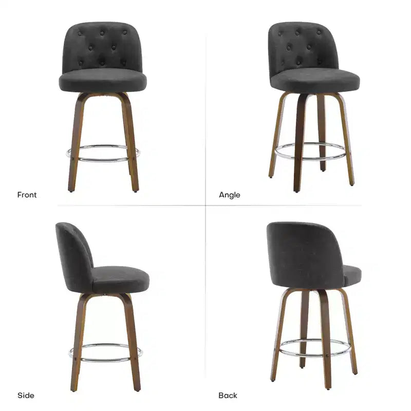 Tabourets de bar rembourrés pivotants Bekrvio 29, assise en cuir et dossier capitonné avec pieds en bois courbé, gris foncé